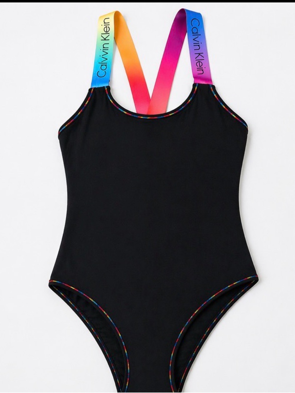 Calvin Klein One Piece Swimsuit | Black with Rainbow Logo Straps | Sz Lrg
